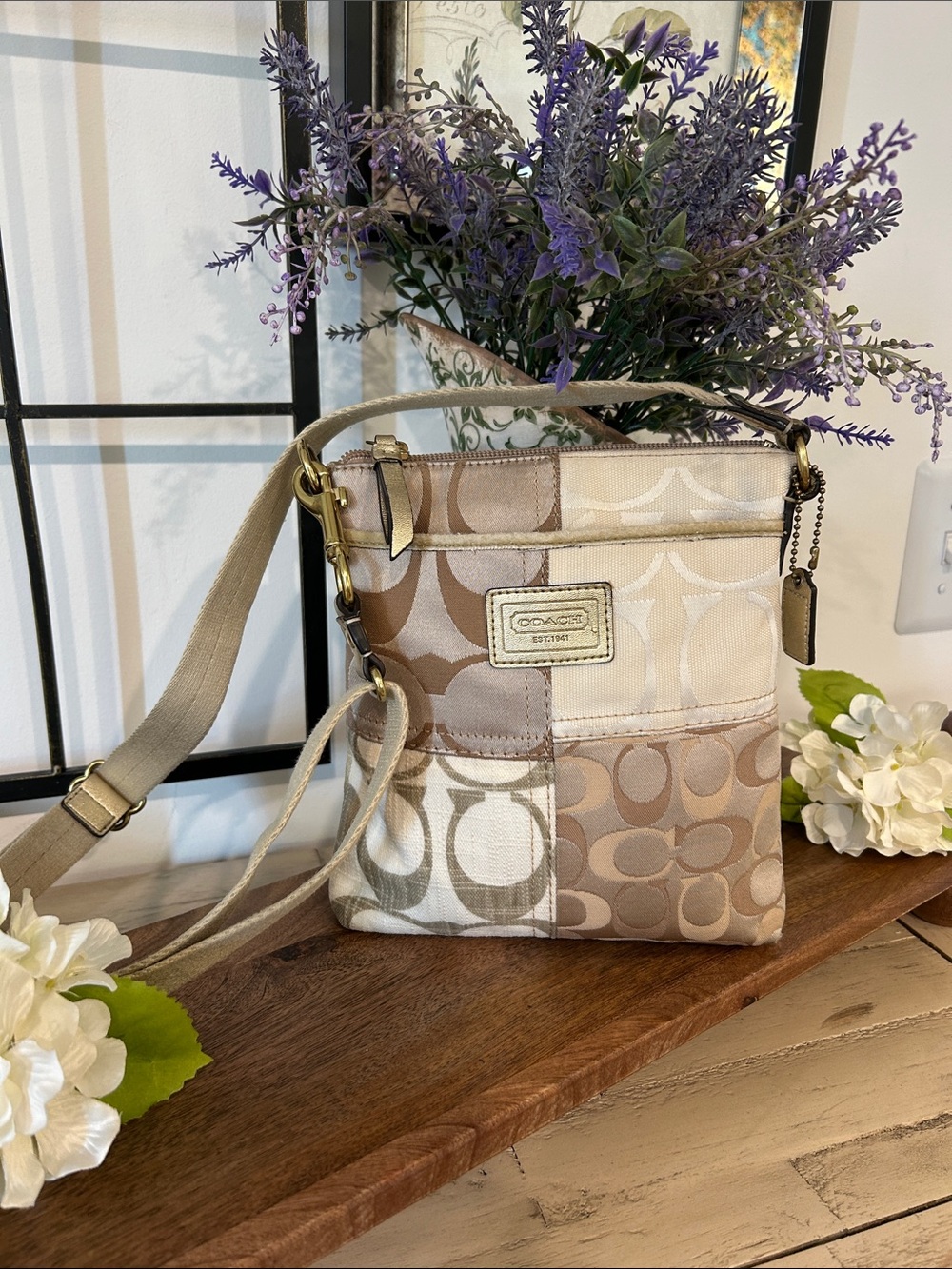 Coach Neutral Patchwork Crossbody Bag in Beige and Tan